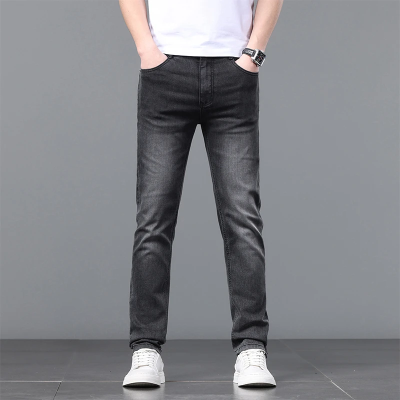 春夏男裤子经典水洗牛仔裤男款深蓝色弹力修身小直筒休闲百搭男装