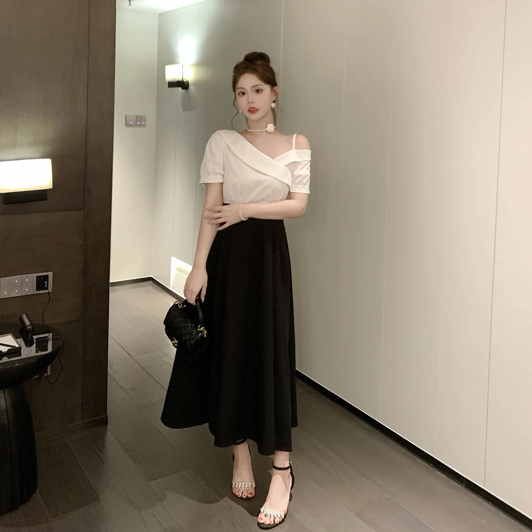 MB大码女装【曼彻斯特】2025夏法式不规则设计感交叉领拼接连衣裙