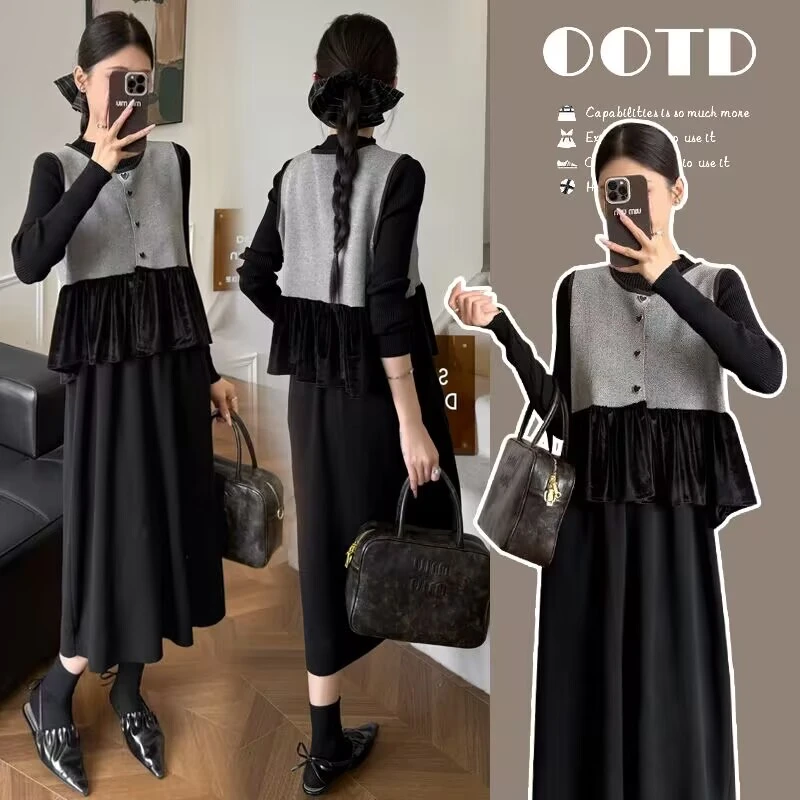 孕妇装2025新款两件套连衣裙针织毛衣小香风时尚秋季孕妇套装