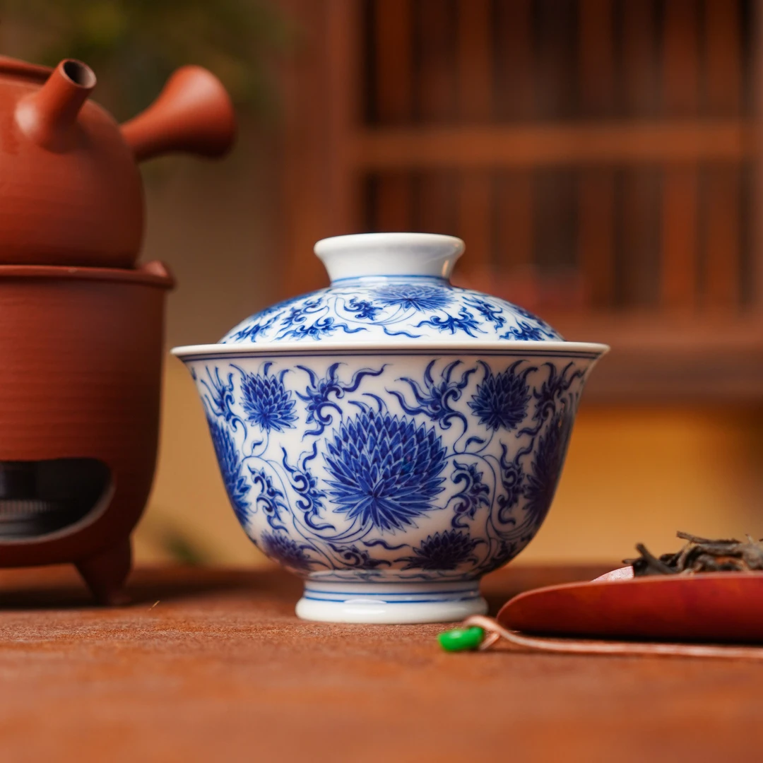 正德御窑刘建锋窑团菊盖碗茶瓷喝茶品茗饮茶主人杯纯手工中式茶具