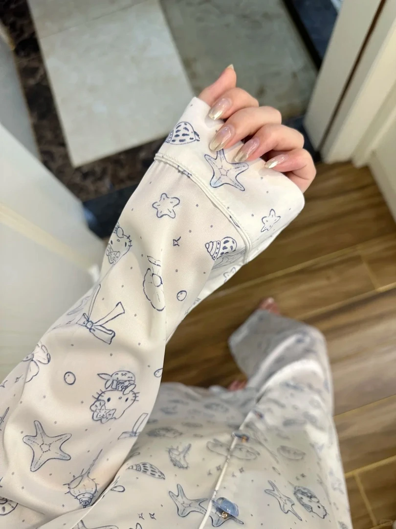 甜美可爱美人鱼kitty猫冰丝睡衣女秋季新长袖长裤套装大码家居服