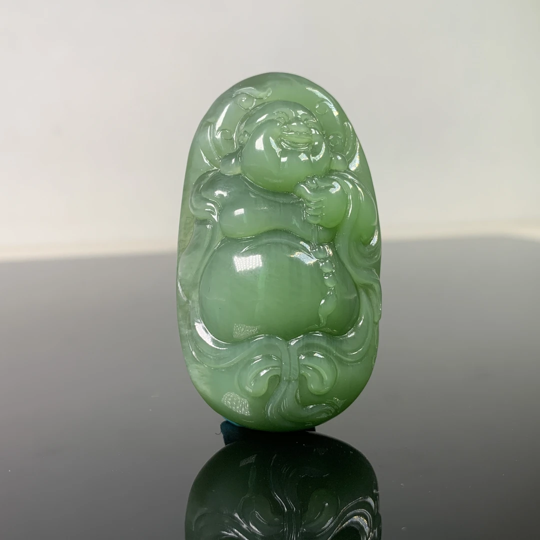 [玉结缘]和田玉碧玉精品粉绿佛公逍遥佛猫眼和田玉吊坠