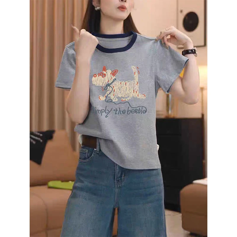 2025新款正肩拼色圆领短袖t恤女装夏款时尚百搭洋气灰色上衣潮牌