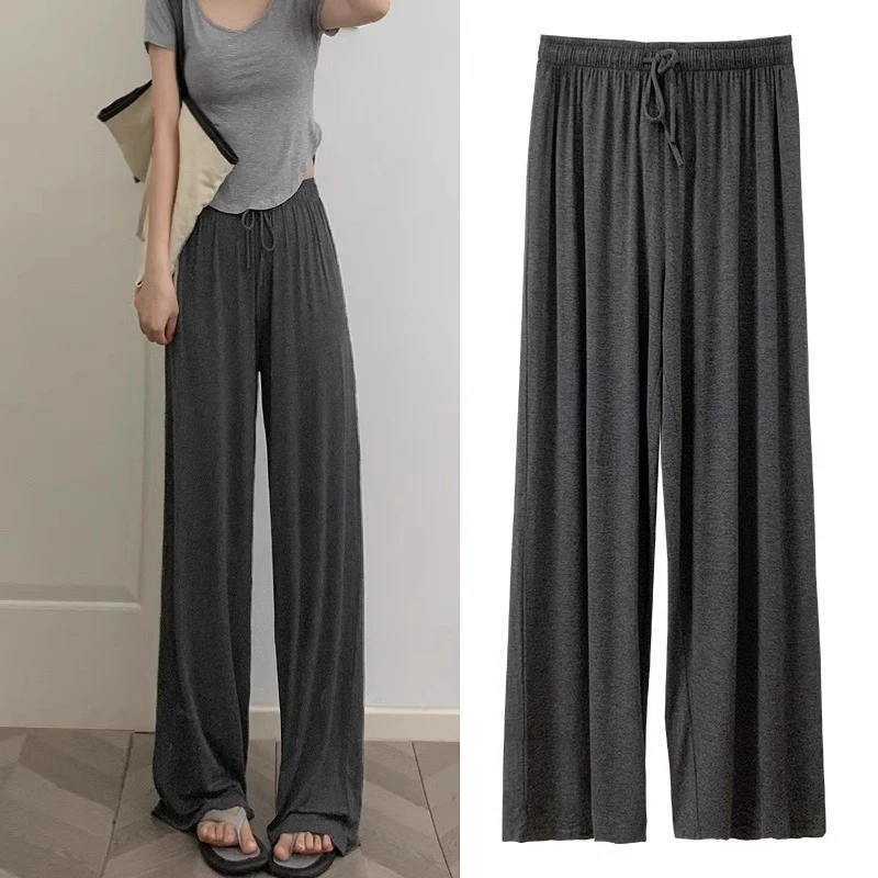 灰色莫代尔阔腿裤女夏季薄款小个子运动裤高腰直筒休闲冰丝防晒裤