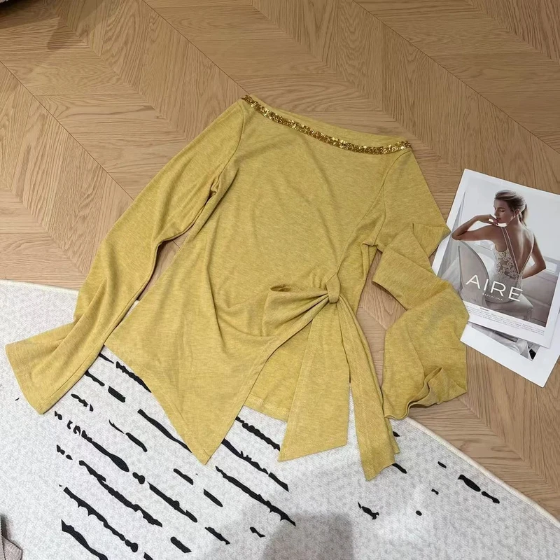 春季亮片一字肩系带款长袖时尚上衣修身显瘦藏肉百搭减龄上衣1062