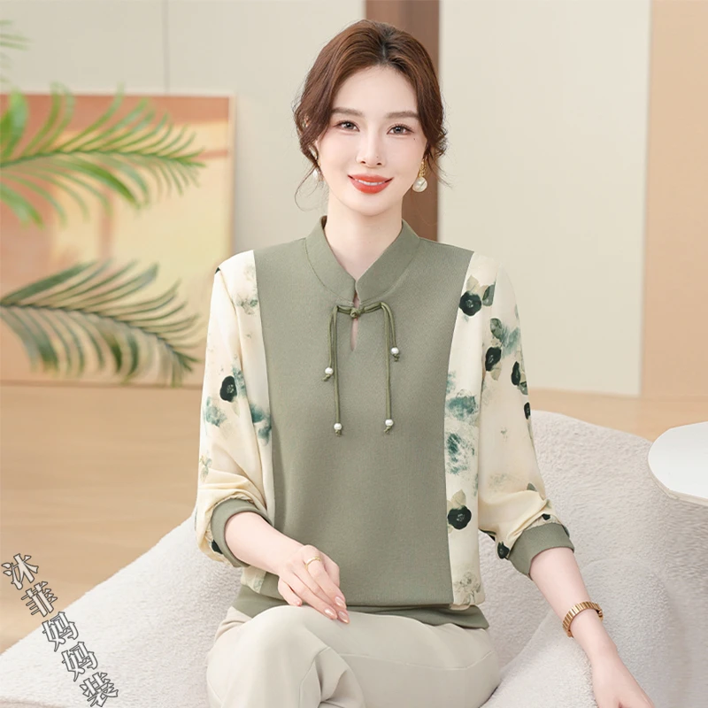 新中式气质妈妈装针织拼接七分纱袖上衣中老年女春夏装国风小衫