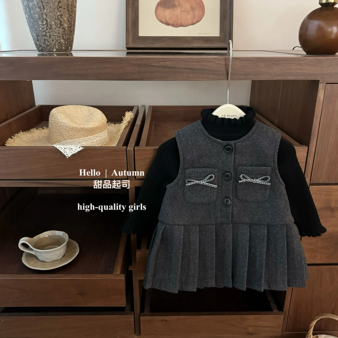 【甜品起司】本期bi入！原创女宝宝学院风气质无袖毛呢裙套装