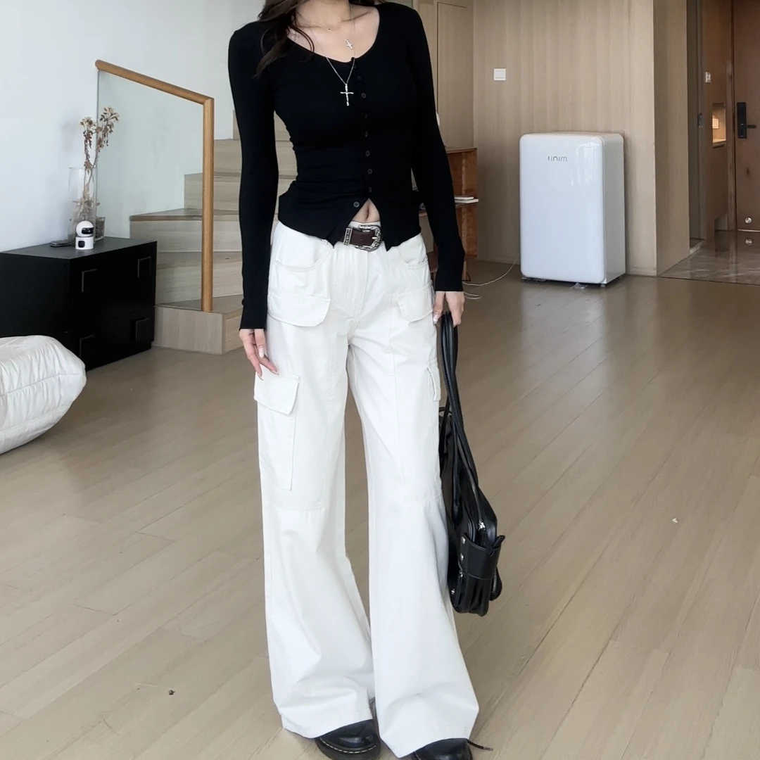 【部分现】2025夏新款多口袋阔腿工装裤美式宽松休闲裤Q254212