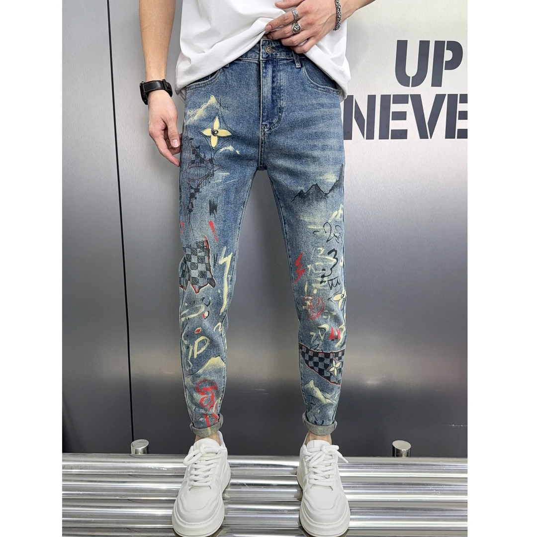 2025新款潮款高街时尚欧货痞帅个性印花涂鸦修身弹力小脚牛仔裤男