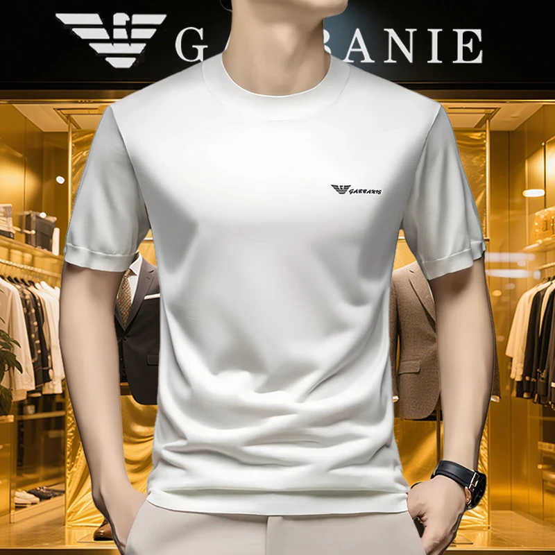 意大利轻奢品牌桑蚕丝纯色大码圆领短袖T恤男士夏款潮流简约半袖