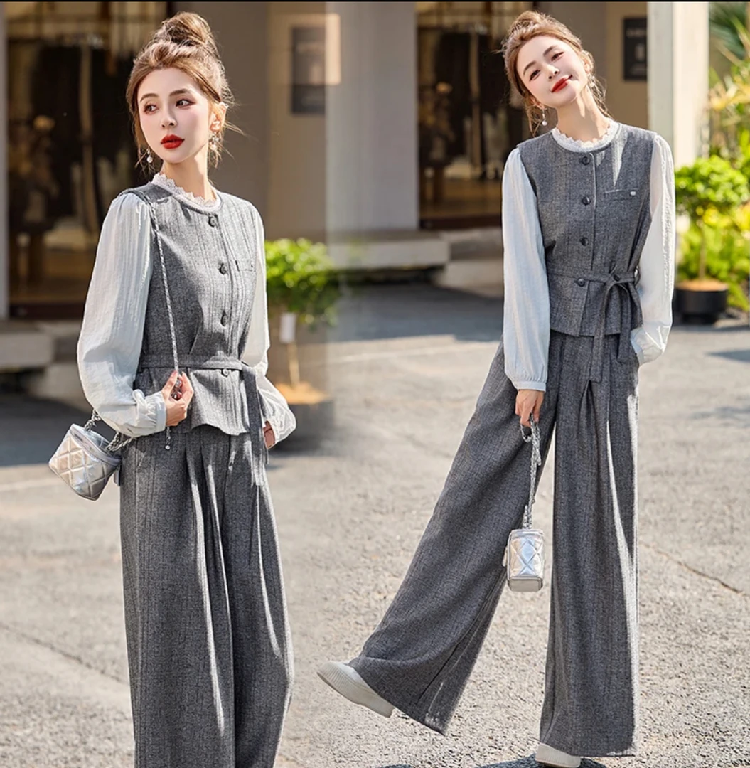 韩系穿搭马甲套装女2025春季新款气质干练显瘦通勤阔腿裤三件套潮