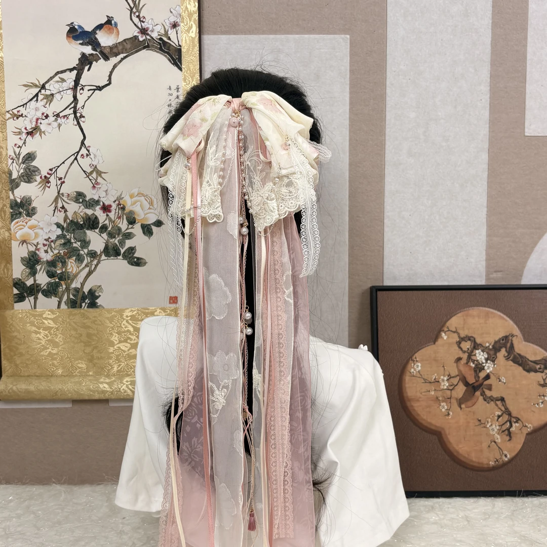 【粉棠浅浅】原创国风汉服蝴蝶结发饰洛丽塔裙摆蕾丝发夹