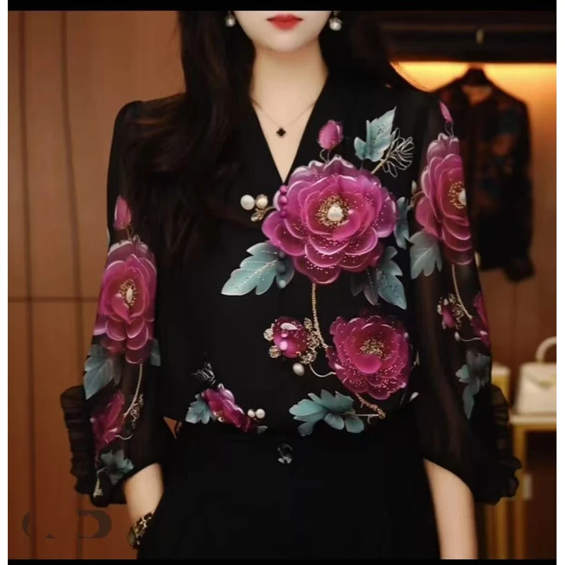【牡丹花】七分袖V领显瘦小衫新款高端定位印花气质百搭女衬衣2160
