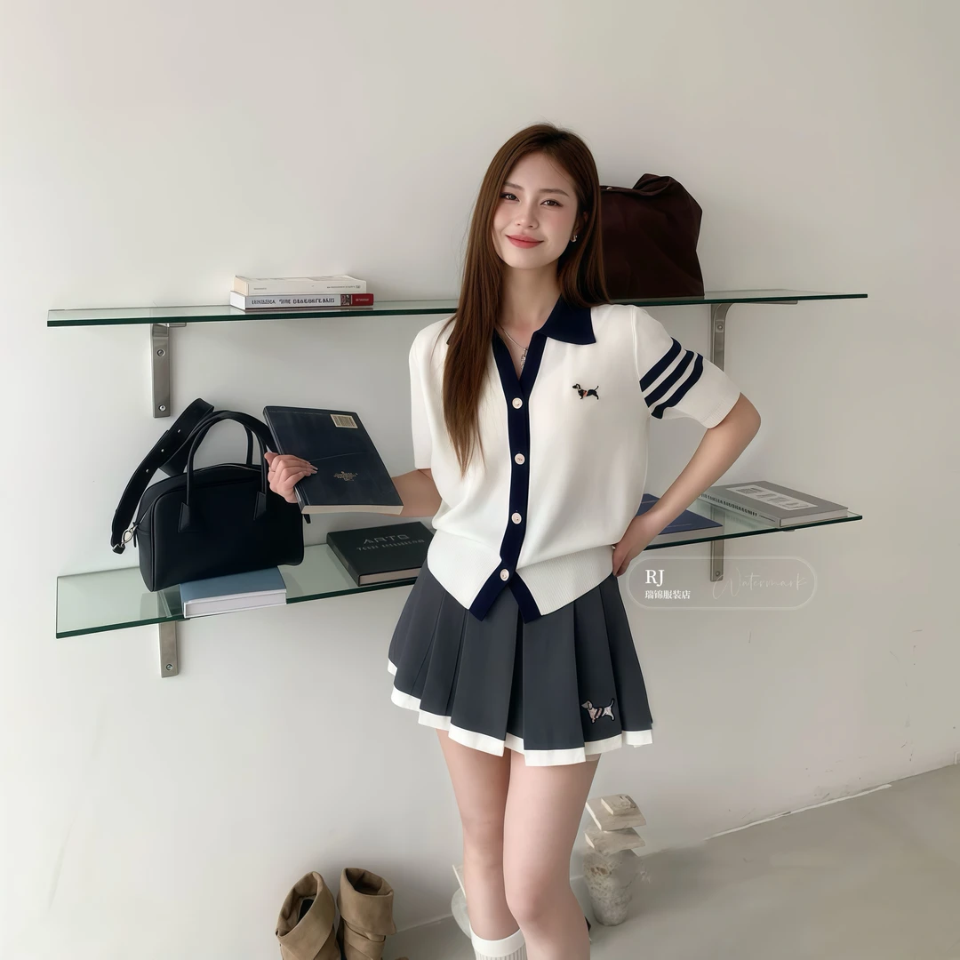 【RJ】夏季短袖休闲拼色小狗针织衫薄款洋气衣服女修身显瘦开衫上衣