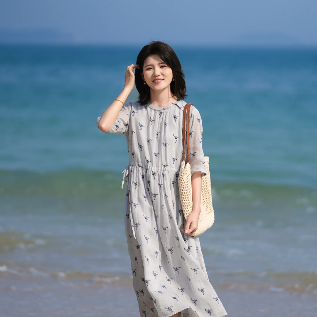十五家25夏季新款苎麻飘逸大摆文艺宽松设计感碎花连衣裙系带印花