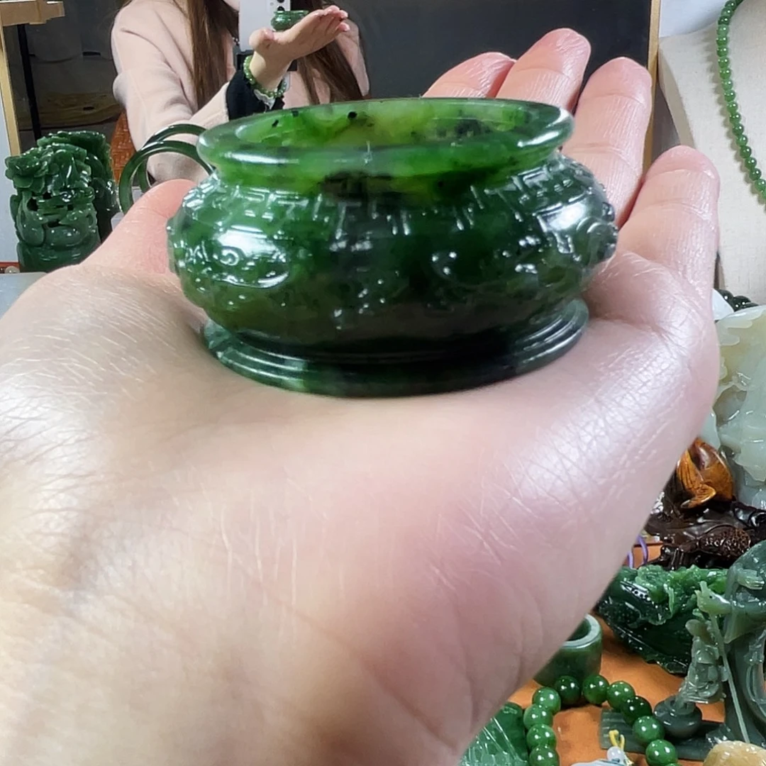 和田玉（碧玉）未镶嵌摆件和田玉碧玉聚宝盆