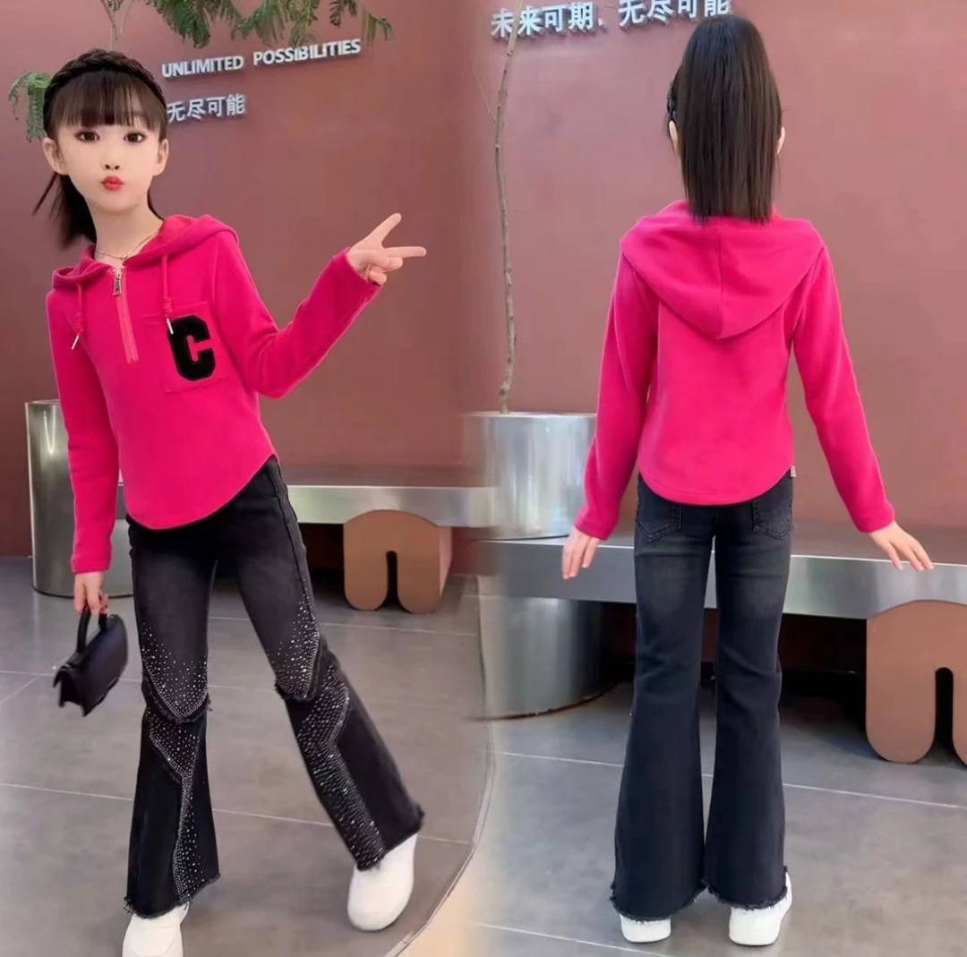 （圈粉搭配）洋气连帽时尚韩版上衣烫钻牛仔裤儿童春秋女童春款套装