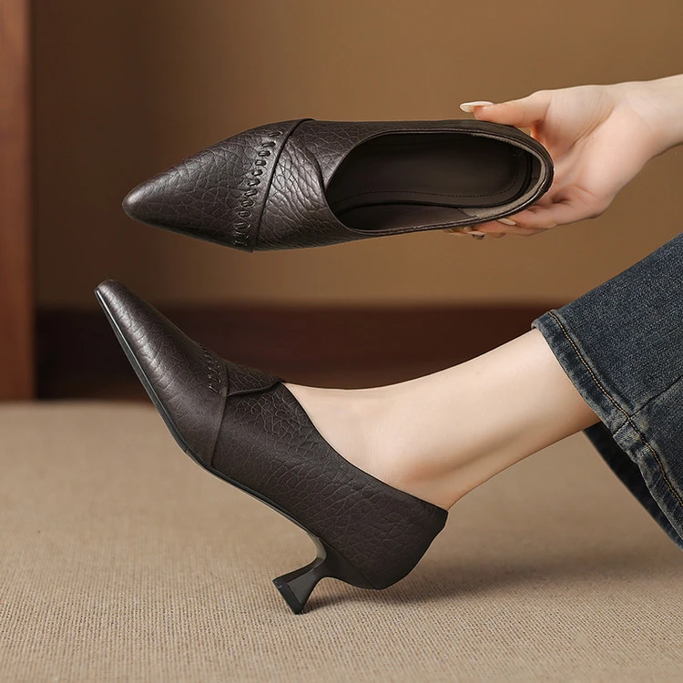 牛皮~5cm春秋新款法式复古高跟鞋优雅百搭软底真皮尖头深口单鞋女