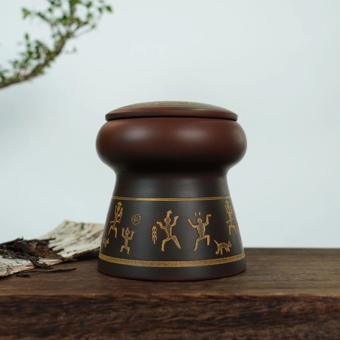 陶礼【骆越鼓韵】广西钦州坭兴陶骆越花山鼓韵茶叶罐（小叶片茶100g）