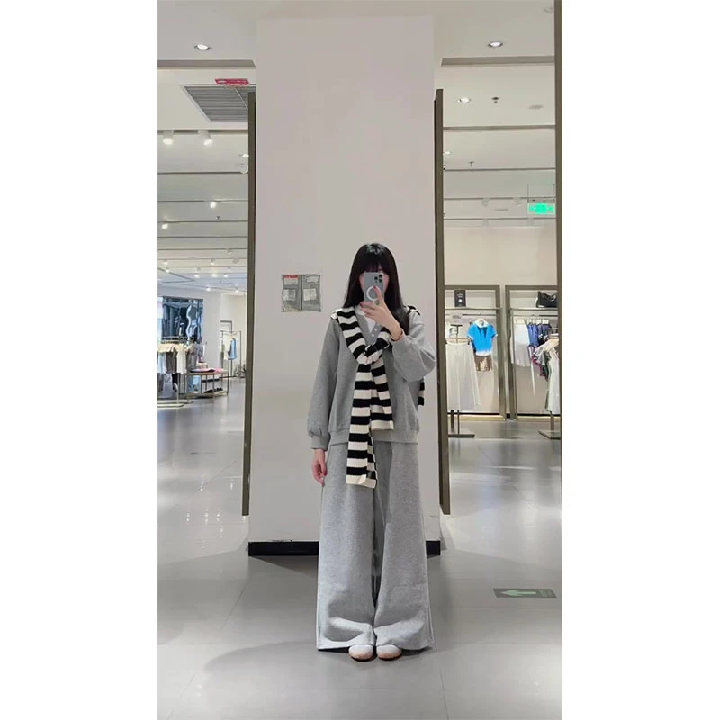 韩系慵懒风灰色套装女2025秋季新款宽松条纹披肩卫衣阔腿裤两件套