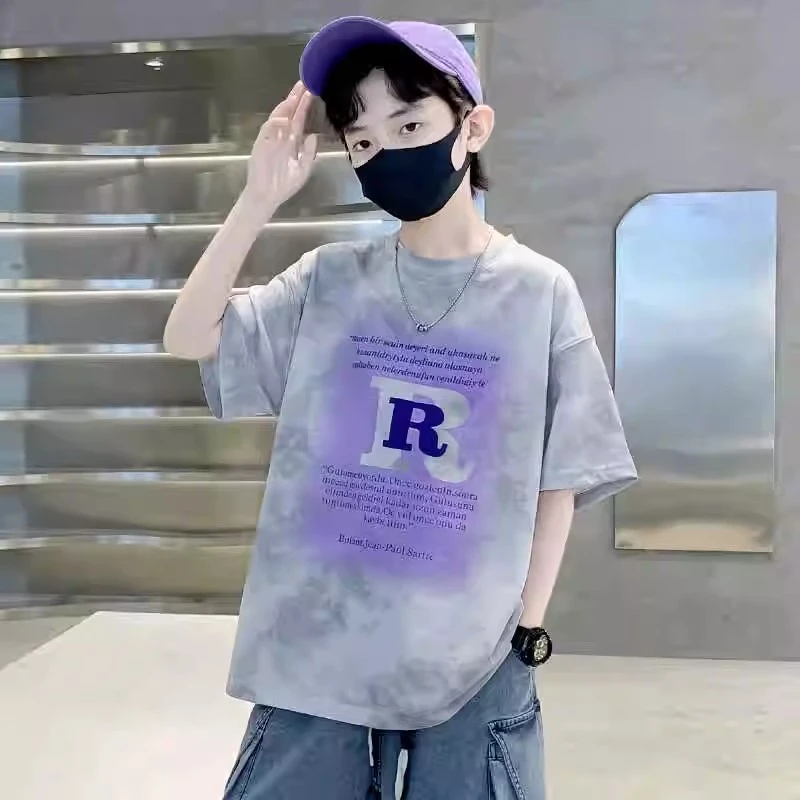 男童短袖T恤夏季2025新款儿童洋气扎染夏装中大童韩版潮宽松上衣8