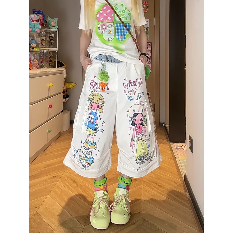凛可爱 动漫卡通小众设计可爱印花七分裤夏季宽松休闲百搭阔腿裤