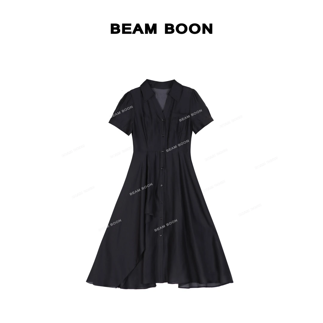 Beam Boon【银河落日】歌*思千金风肌理光泽优雅气质显瘦翻领连衣裙