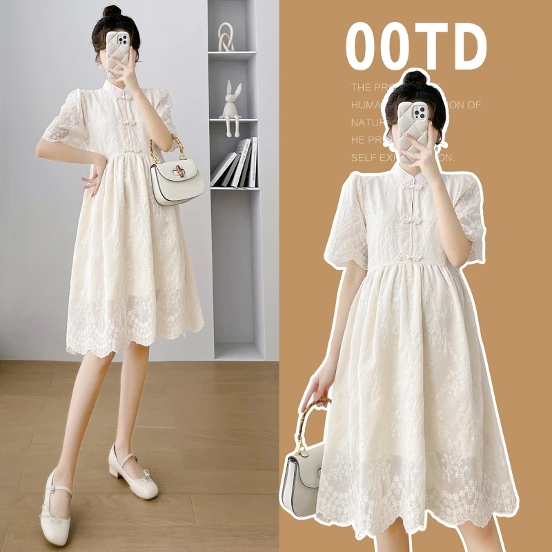 孕妇刺绣蕾丝连衣裙2025夏季新款小个子宽松大码显瘦中式旗袍裙子