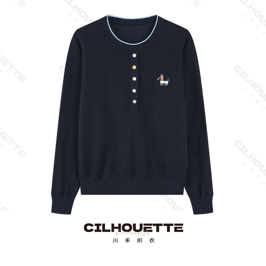 川禾织衣 早秋刺绣彩虹扣圆领100纯兰精天丝显瘦针织T恤衫