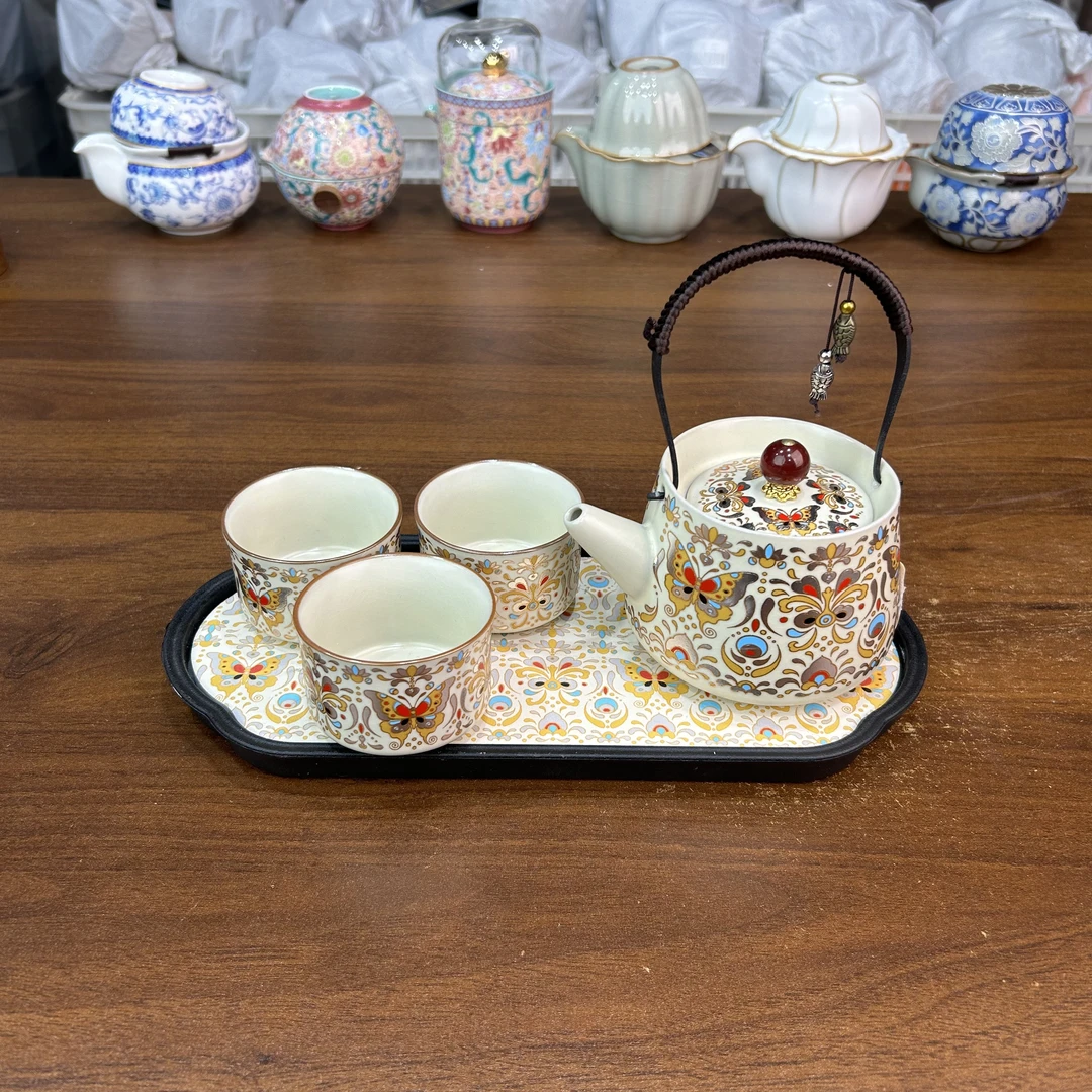 zh3464-黄汝窑蝴蝶提梁壶一壶三杯茶具套装