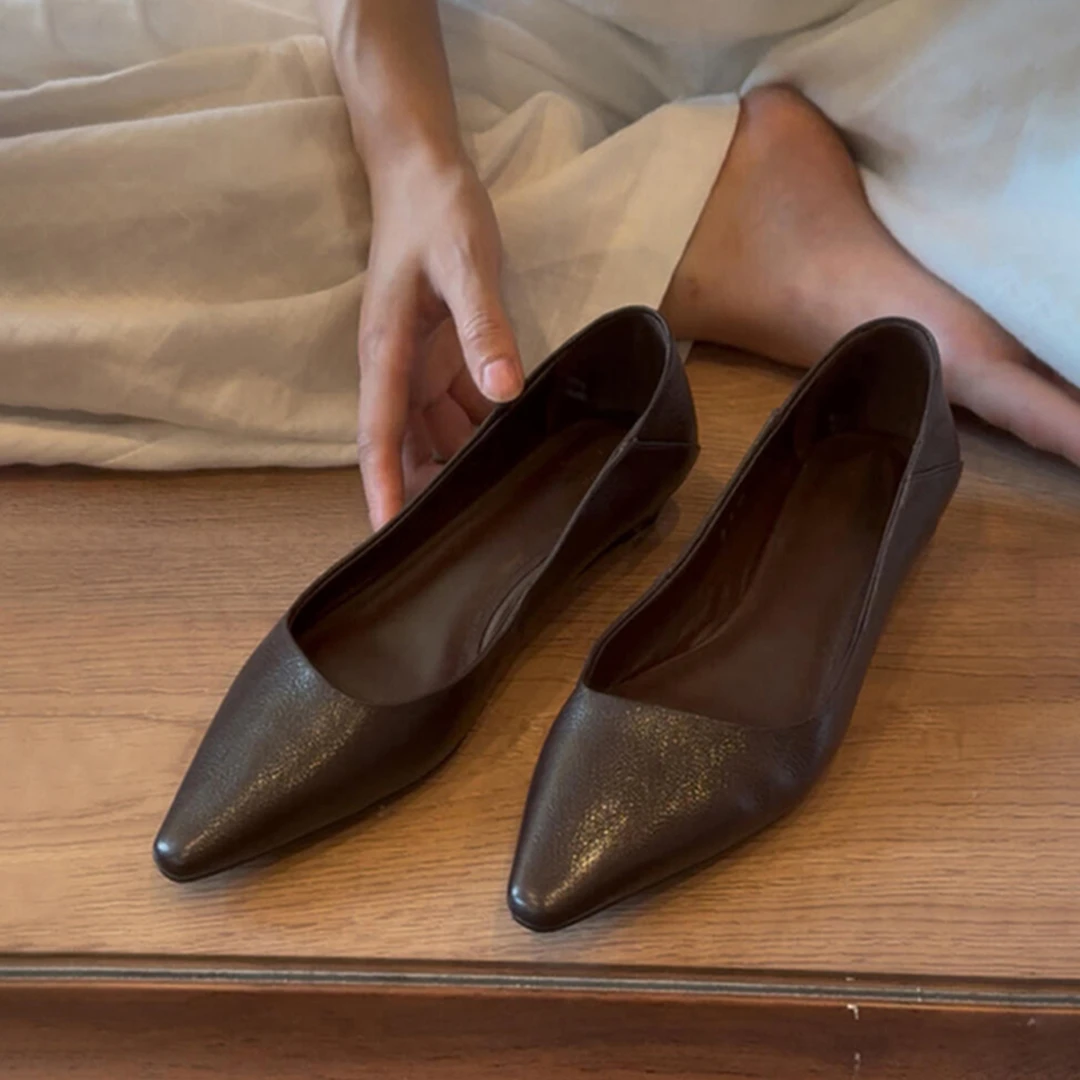 羊皮版~极简风百搭小猫跟气质尖头鞋女复古通勤时尚一脚蹬小单鞋