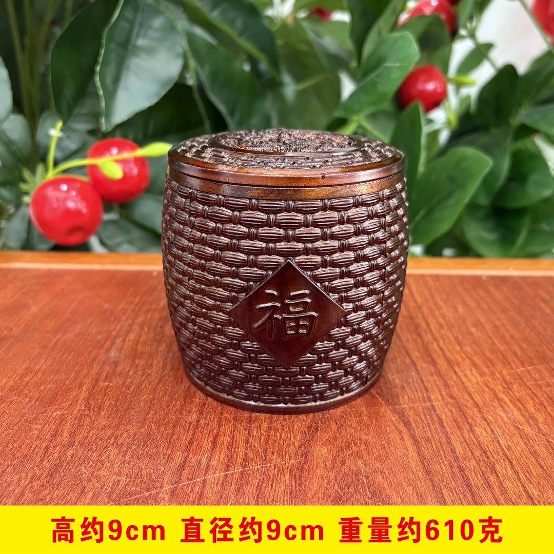 铜摆件福字茶叶罐创意工艺品办公室茶桌摆件家用中式防潮带盖54