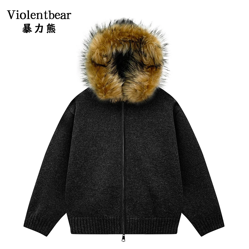 暴力熊2025毛绒连帽开衫毛衣男女宽松情侣百搭休闲针织衫男慵懒风