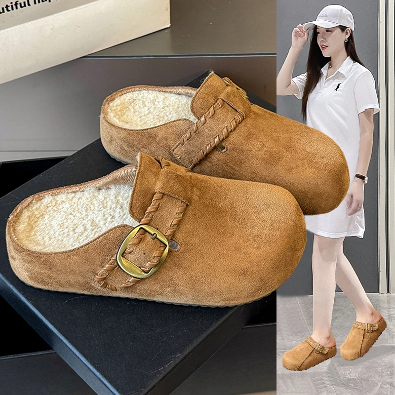 厚底内增高加绒勃肯鞋包头半拖鞋女外穿2025秋冬新款保暖博肯棉拖