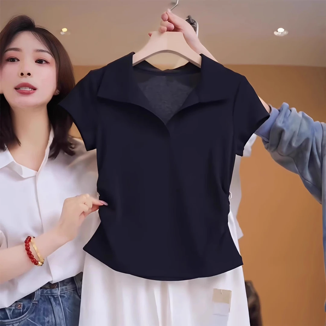 芊芊芙高级黑色t恤女夏季新款时髦洋气短袖polo衫收腰短款上衣潮