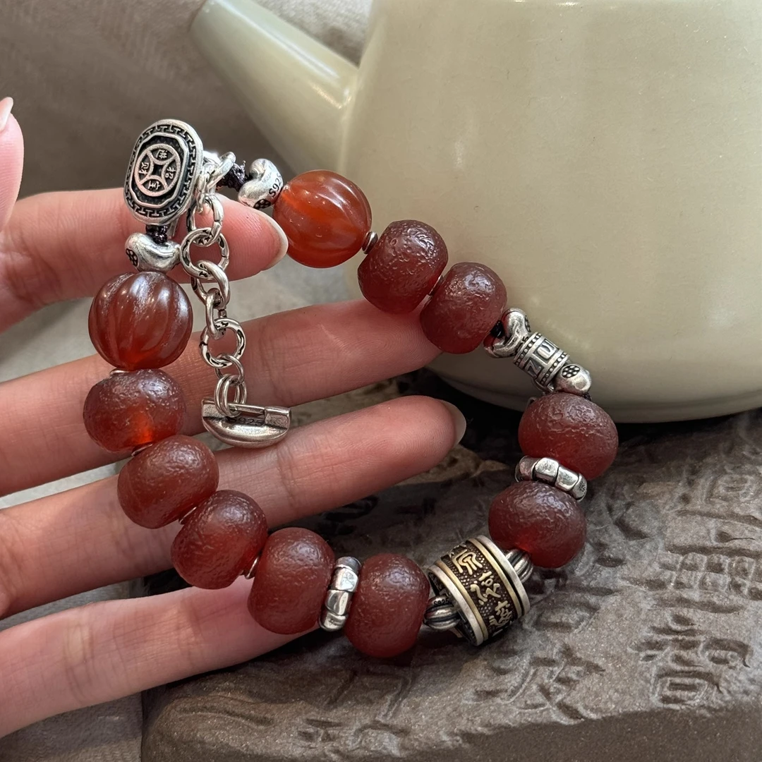 925银手链 <大头姐>S09506六字真言转经筒算盘元宝红珠手链