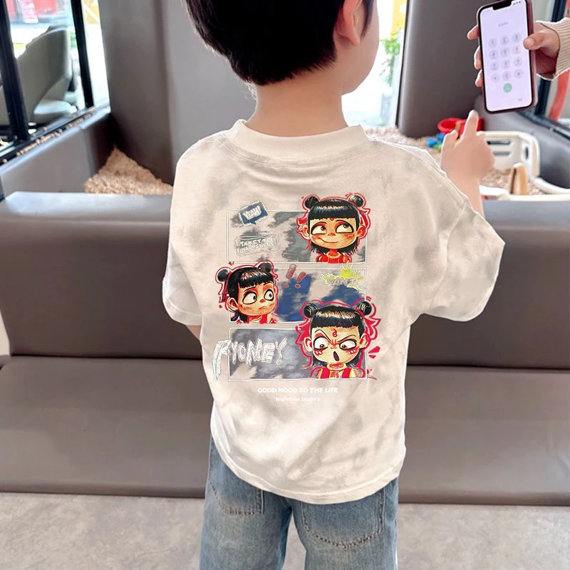 扎染童装哪吒短袖T恤2025男童女童新款儿童夏季半袖卡通纯棉上衣
