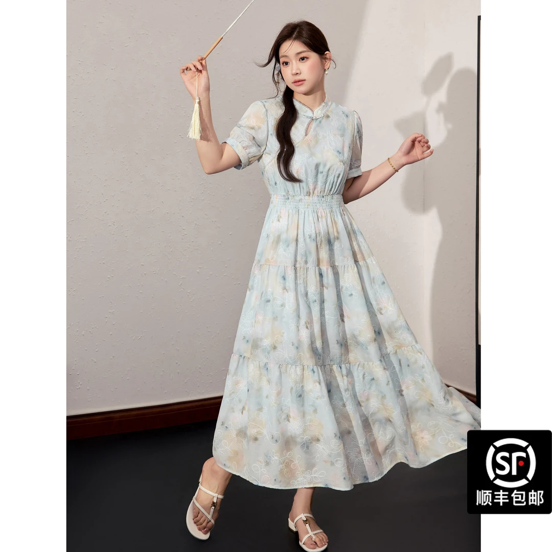 蓝语大码女装胖mm新中式印花改良旗袍夏季新款收腰遮肉仙气连衣裙