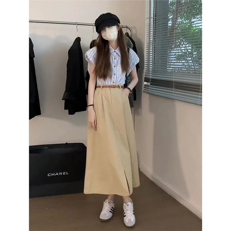 150小矮个子法式Polo领条纹衬衫上衣女高腰a字半身裙中长款两件套