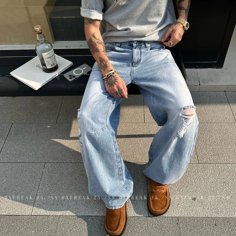 OXFREAK「1981M 冰蓝水洗」做旧磨白破洞牛仔裤男宽松阔腿弯刀裤