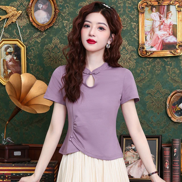 新中式盘扣短袖t恤女2025年夏季新款不规则短款气质显瘦正肩上衣