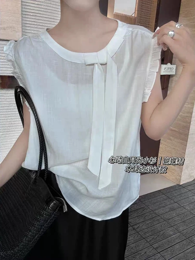 【济州岛】绑带蝴蝶结设计木耳花边拼接无袖上衣