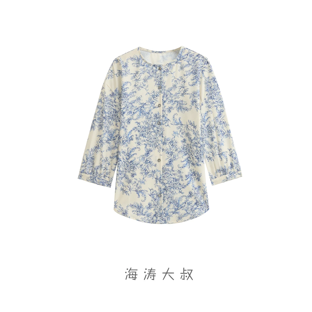 【海涛大叔】新中式印花长袖圆领衬衫 NX2418