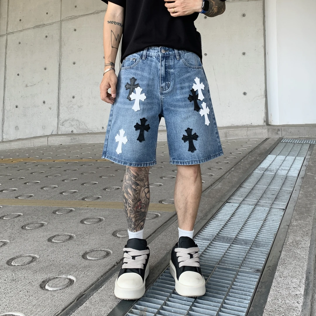美式克罗十字架贴皮刺绣宽松直筒水洗五分裤牛仔短裤男休闲裤子男