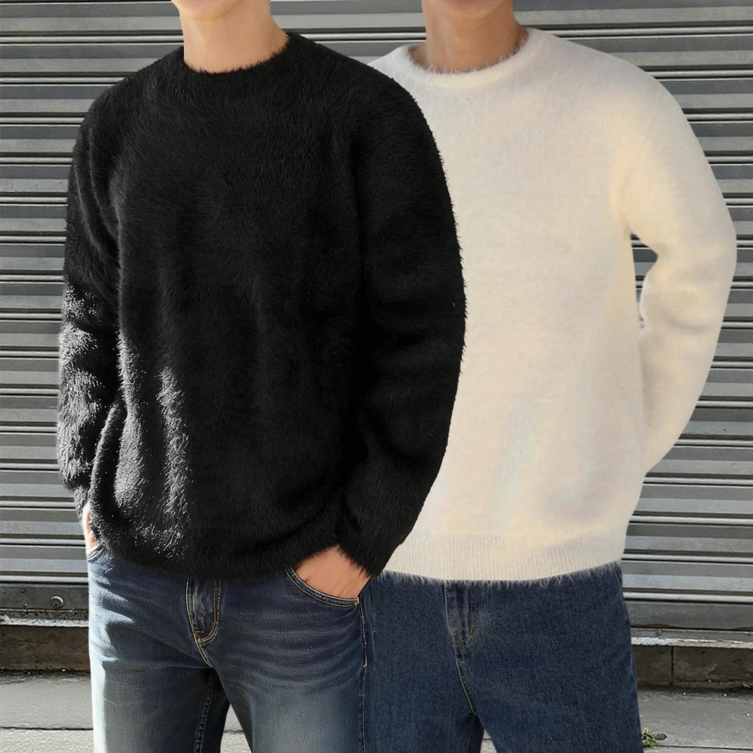 冬季圆领慵懒风毛衣宽松休闲水貂绒上衣加厚潮牌保暖打底针织衫男