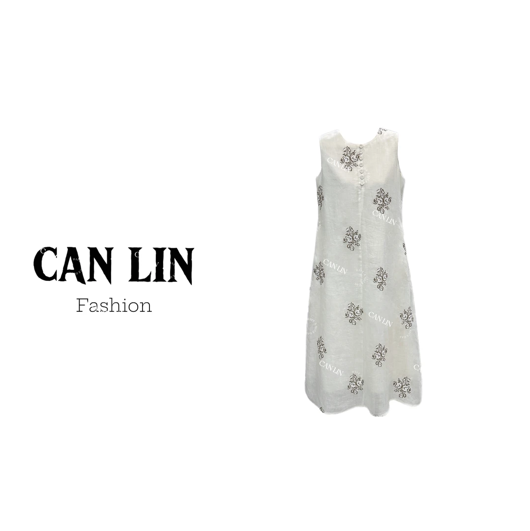 【CAN LIN】2025年夏季新款无袖圆领连衣裙老钱风刺绣苎麻显瘦慵懒