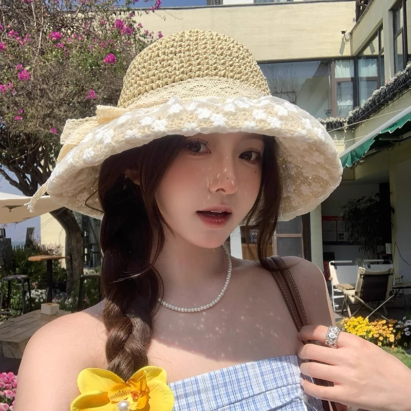 帽大帽檐显脸小蕾丝草帽女镂空遮阳帽子渔夫帽简约太阳帽法式沙滩