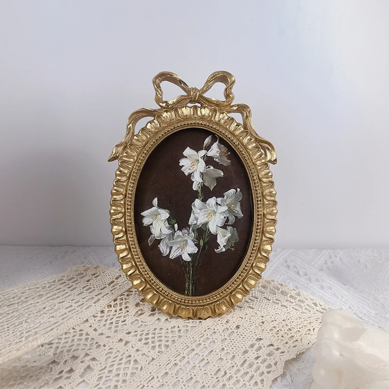 【画为峰】法式金色复古蝴蝶结浮雕画框椭圆形桌面摆件装饰画挂画