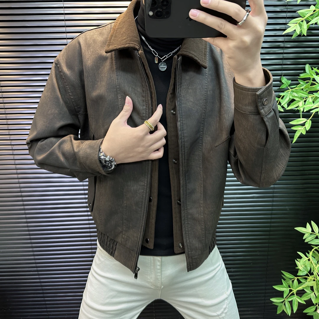 翻领复古皮衣时尚潮牌拼接假两件2025秋冬新款男士外套休闲皮夹克