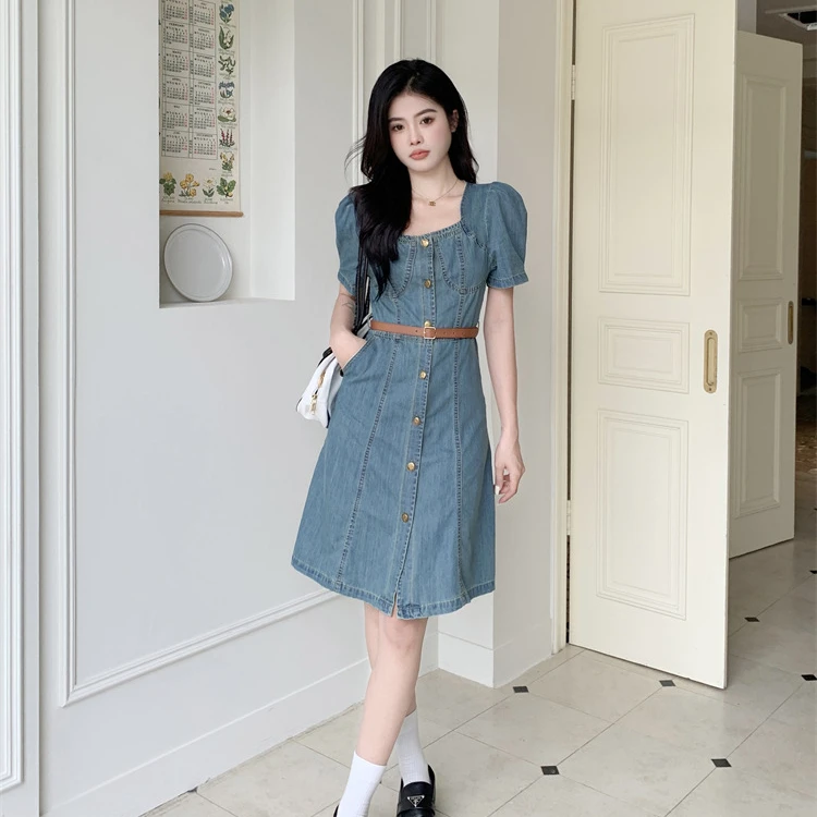 夏季新款大码胖港味复古方领中长款遮肚显瘦牛仔连衣裙送腰带
